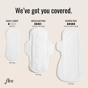 Daily liner, regular pad, and super pad shown side by side with absorbency levels and lengths labeled