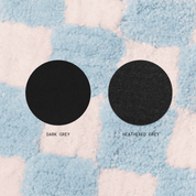 Dark grey and heathered grey fabric swatches side by side with labels.