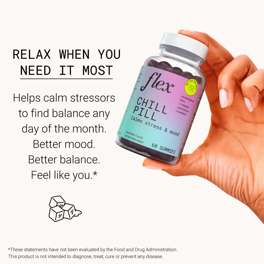 Hand holding bottle of Flex Chill Pill gummies with text about stress support benefits