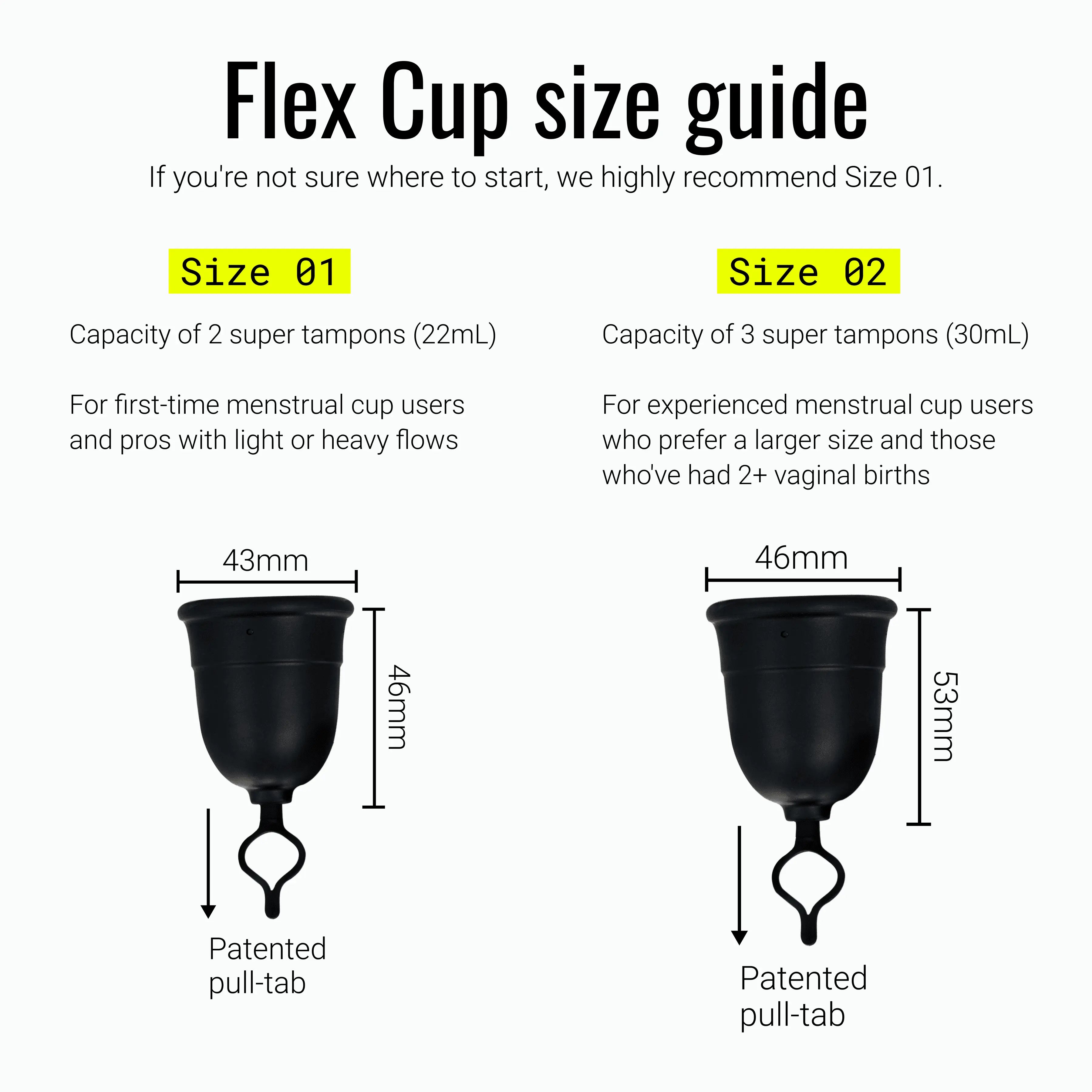 Side-by-side size comparison of two menstrual cups with dimensions and capacity details