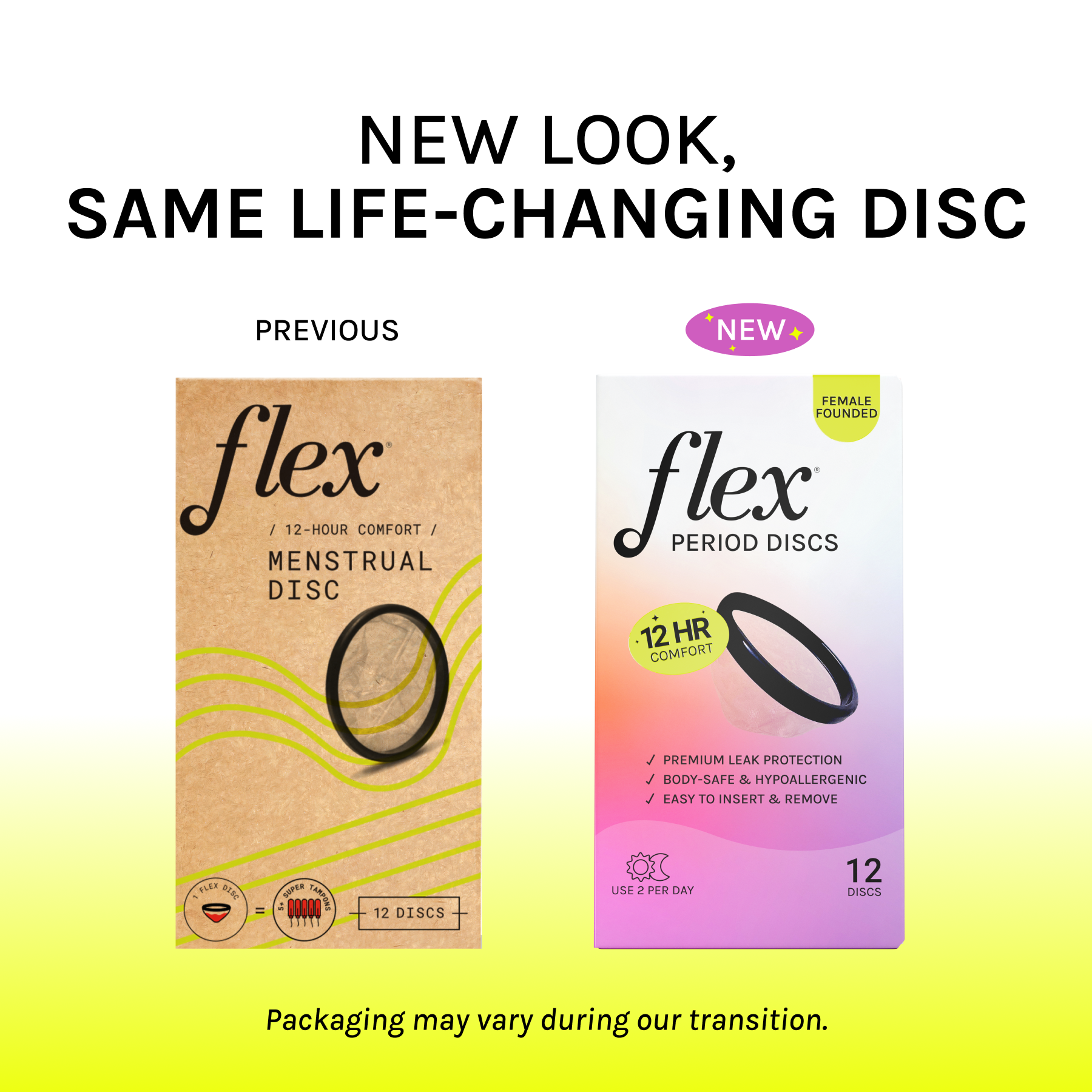 Side-by-side comparison of old and new Flex menstrual disc packaging, both showing 12-count boxes.