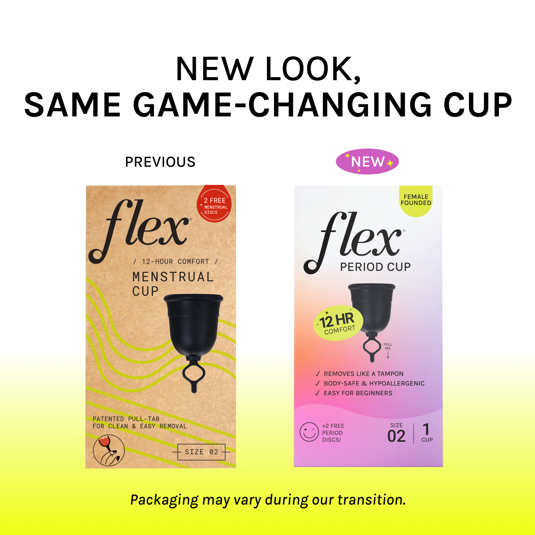 Side-by-side comparison of previous and updated Flex period cup packaging with product shown on both boxes.