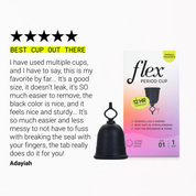 Menstrual cup with flexible loop tab shown next to product packaging and customer review text.