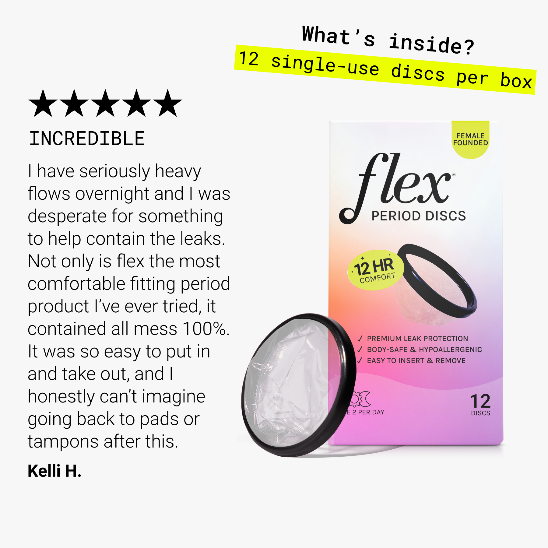 Box of 12 Flex period discs with a single disc shown in front and customer review text.
