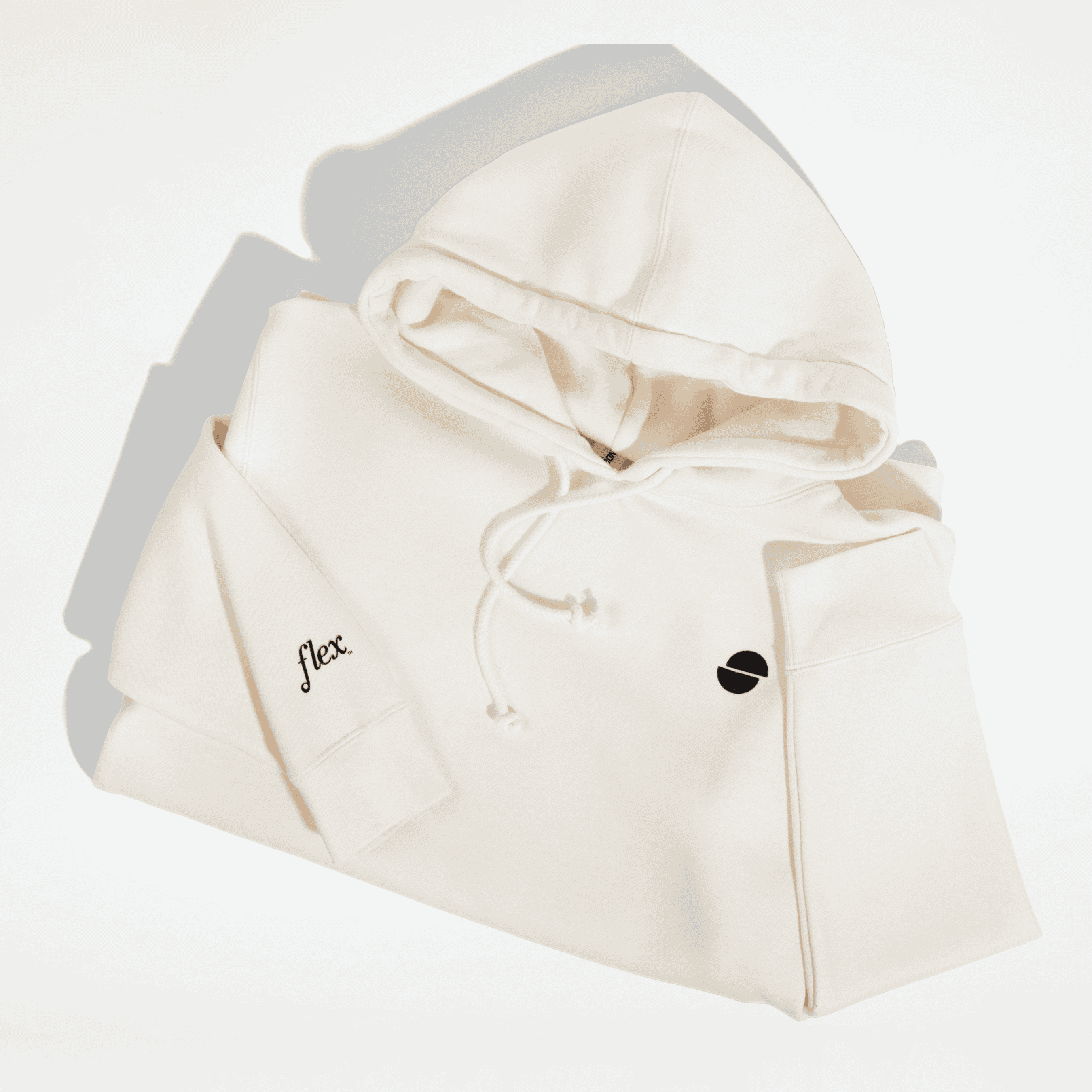 Hooded sweatshirt with drawstrings featuring a logo on the chest and 'flex.' embroidered on the sleeve