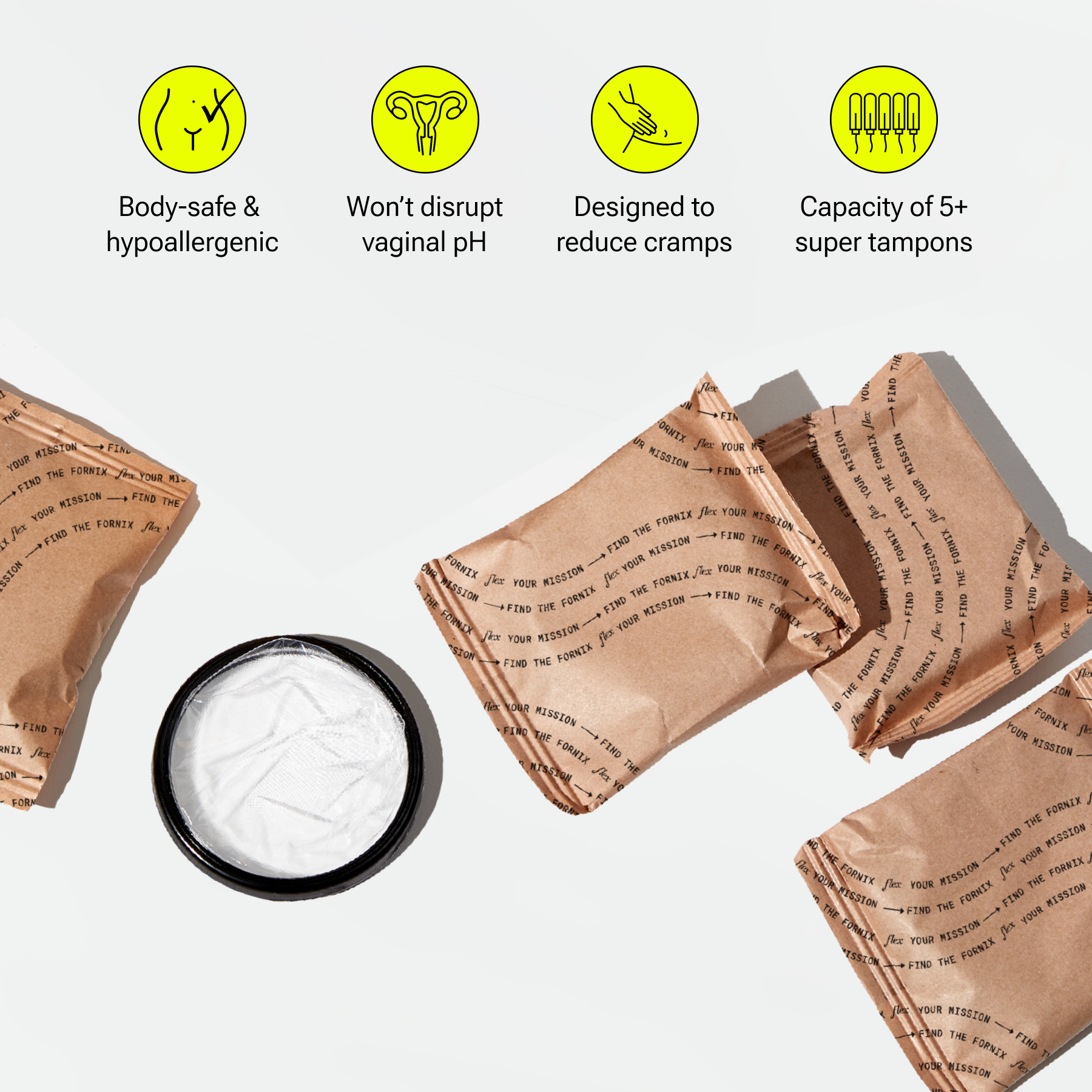Menstrual disc shown next to four sealed paper packages with product benefit icons above