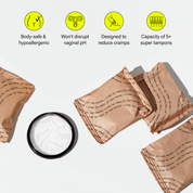 Menstrual disc with individually wrapped pads and icons highlighting key product features
