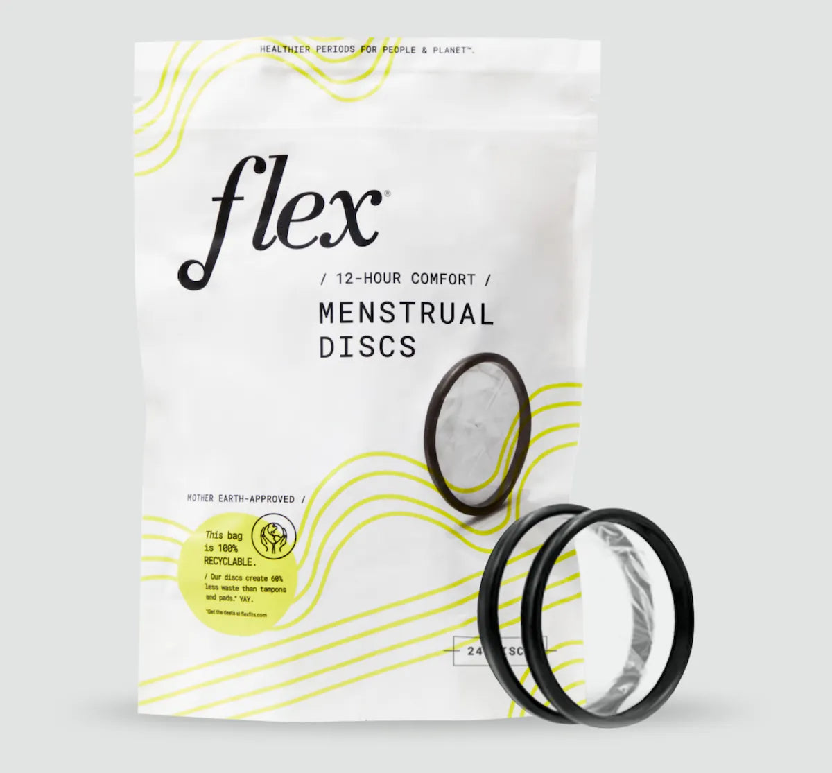 Menstrual discs with packaging showing two discs
