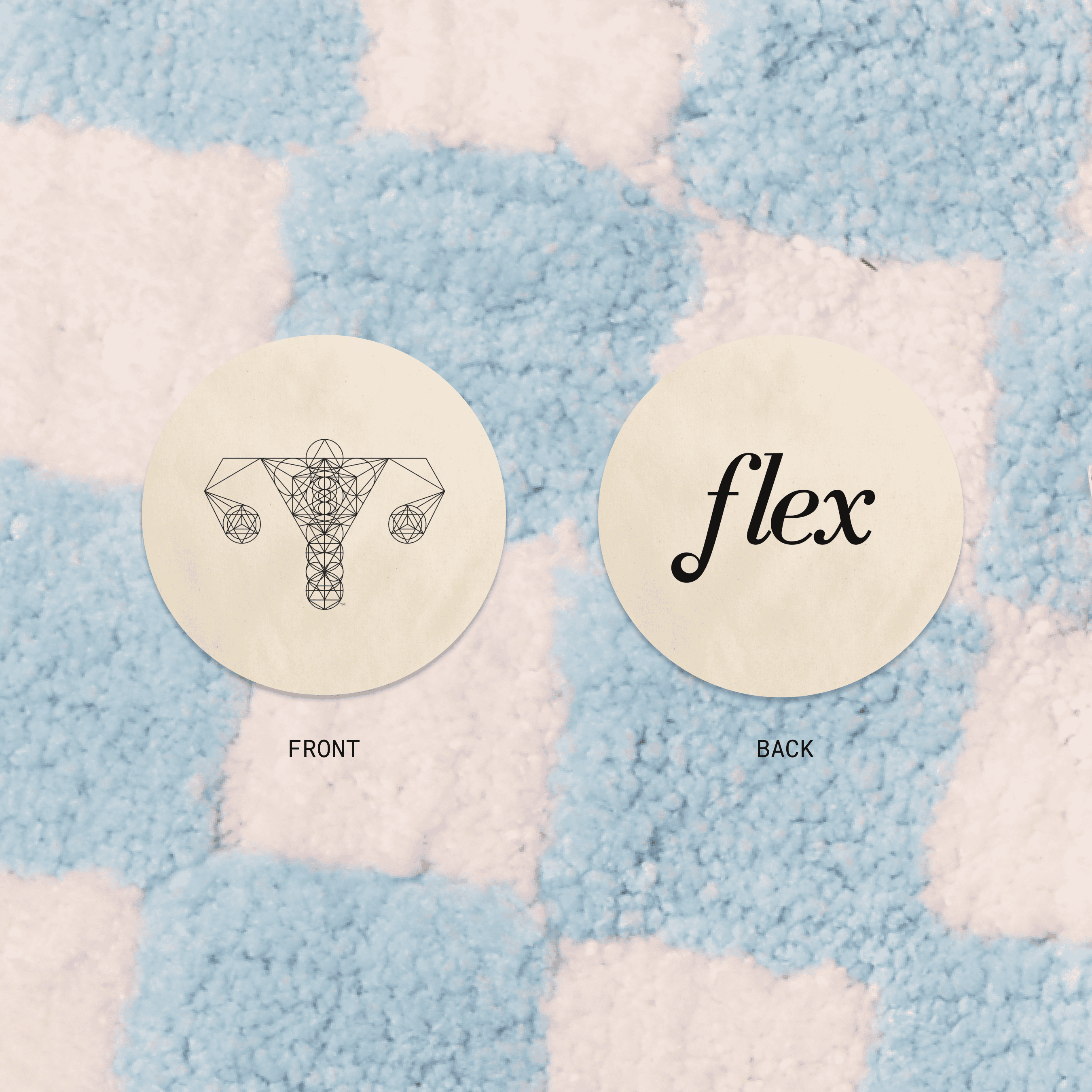 Front and back of round product label with uterus graphic and flex branding