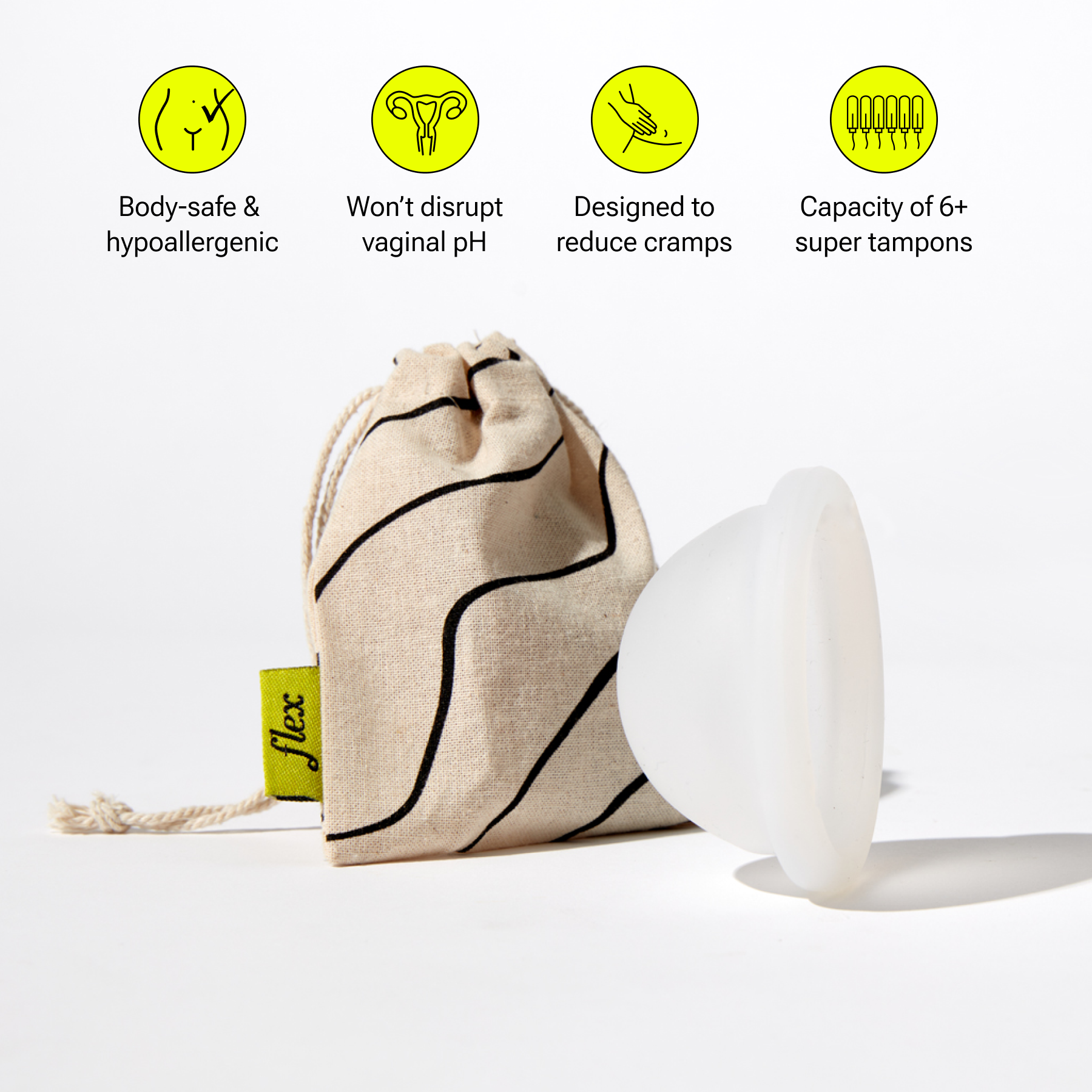 Reusable disc with pouch and icons highlighting product features