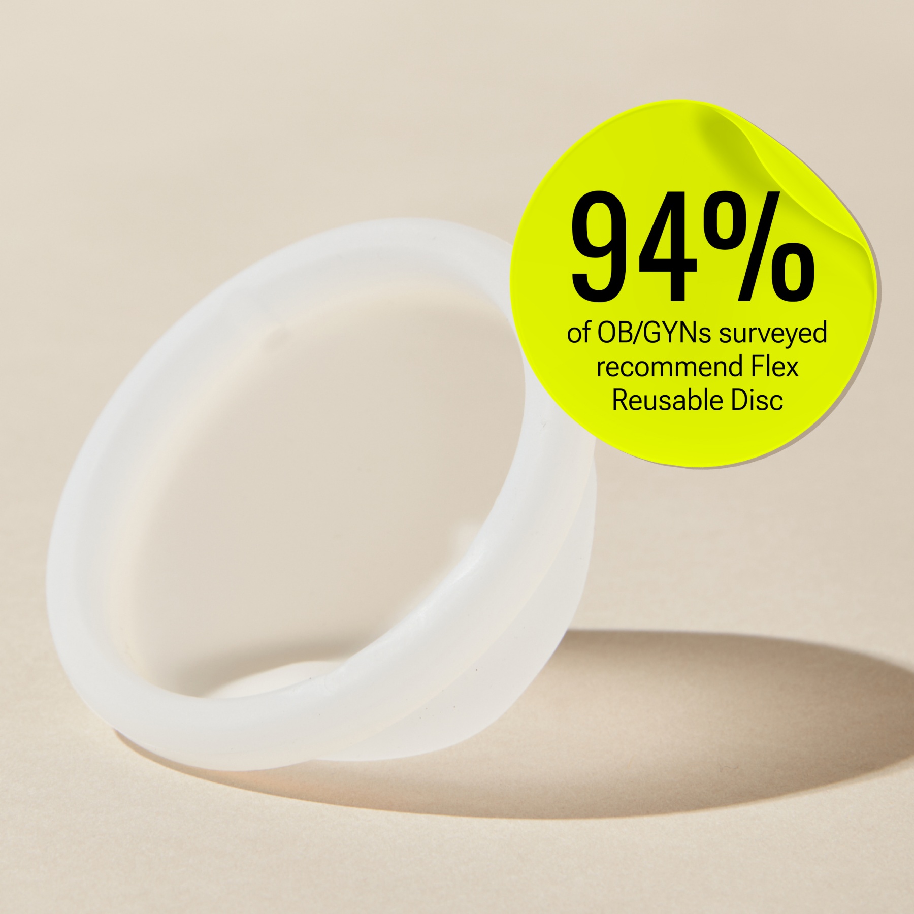 Reusable menstrual disc with text indicating 94% of OB/GYNs surveyed recommend the product